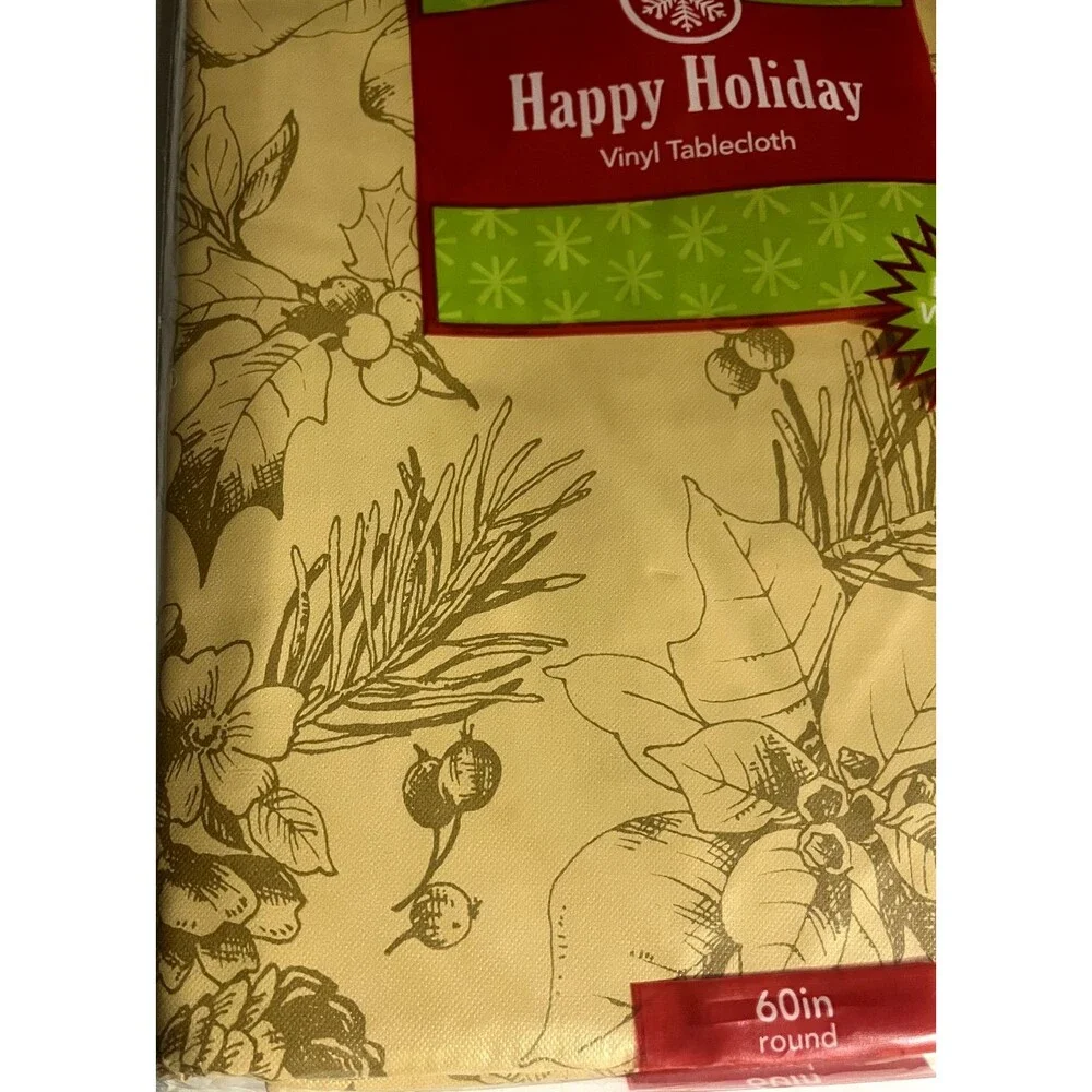 Christmas Poinsettia Pinecone Vinyl Tablecloth Flannel Backed Holiday 52x90